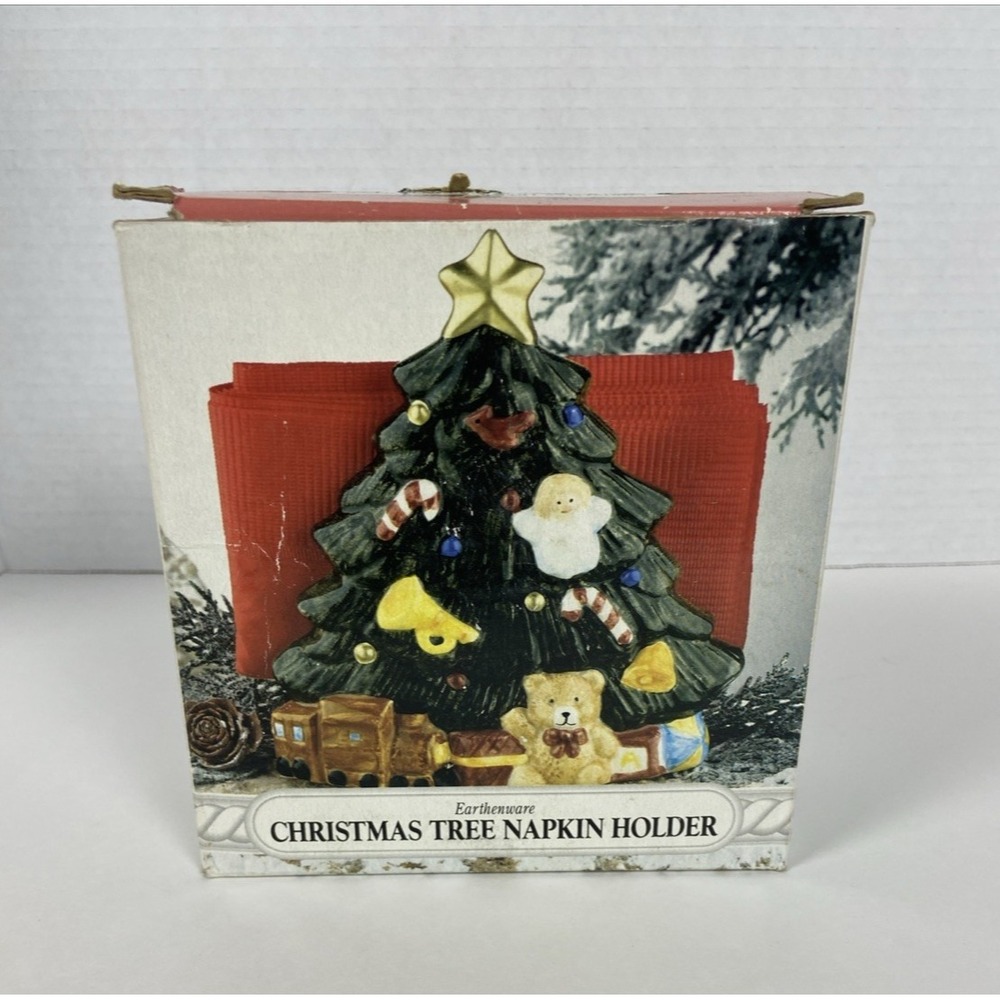 Vtg Earthenware Christmas Tree Napkin Holder w/Original Box Kitchen Decor